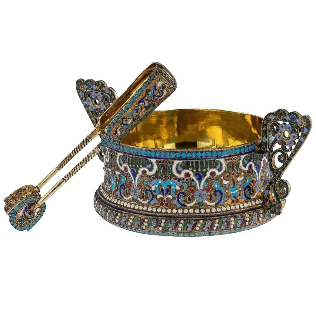20thC Imperial Russian Solid Silver & Enamel Sugar Bowl and Tongs c.1910