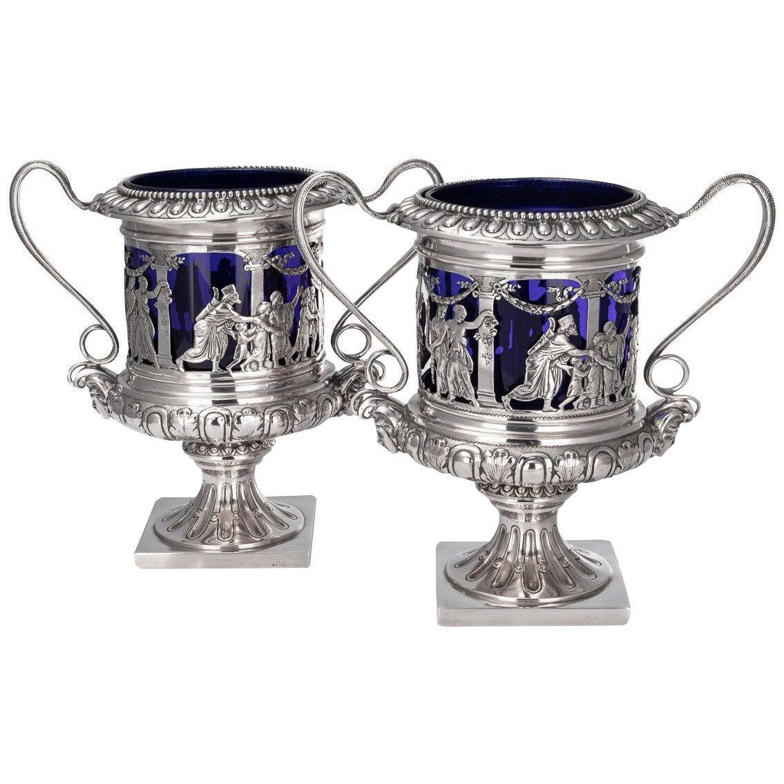 20thC German Neo-Classical Solid Silver & Glass Wine Coolers c.1900