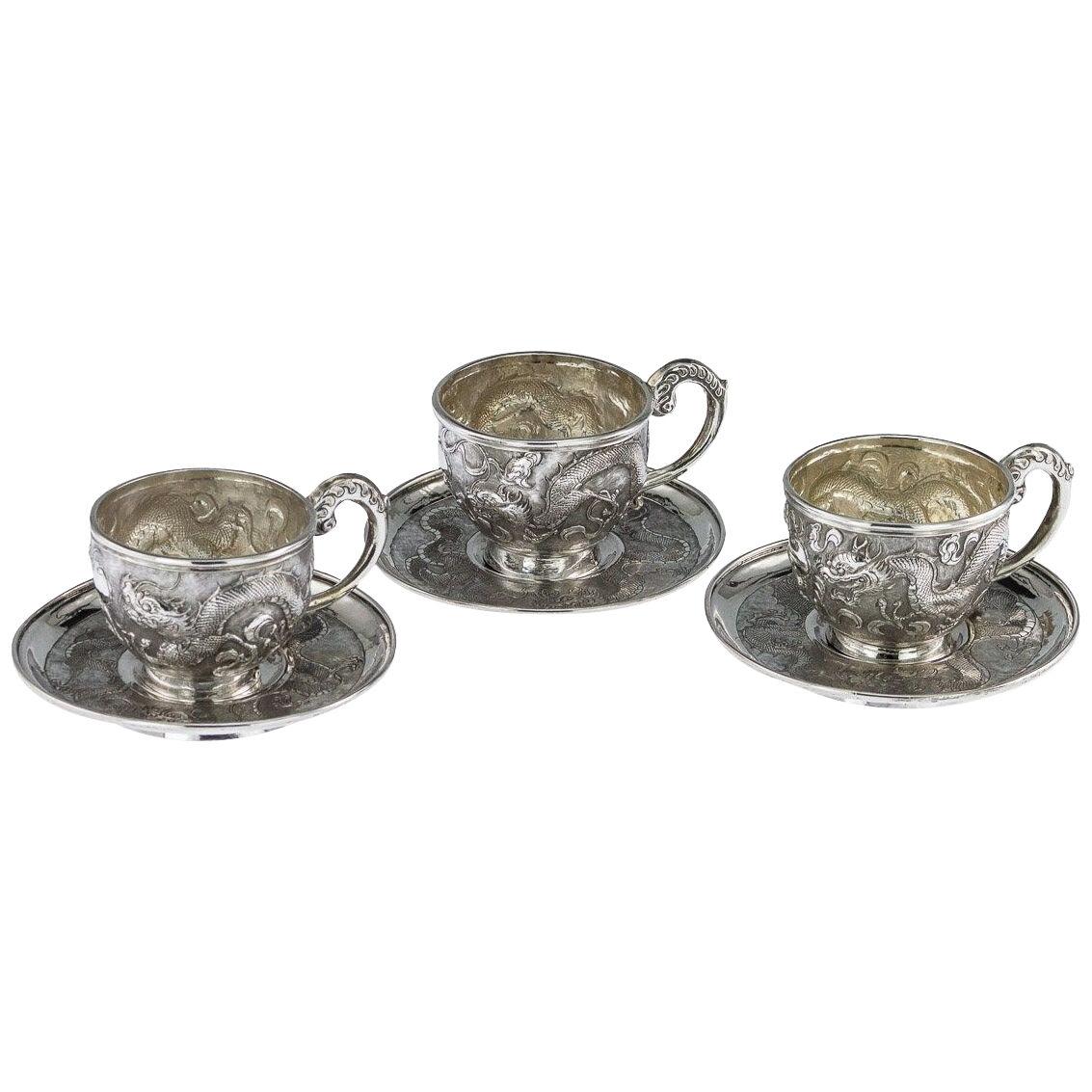 19thC Chinese Solid Silver Three Tea Cups & Saucers, Nam-Hing c.1890
