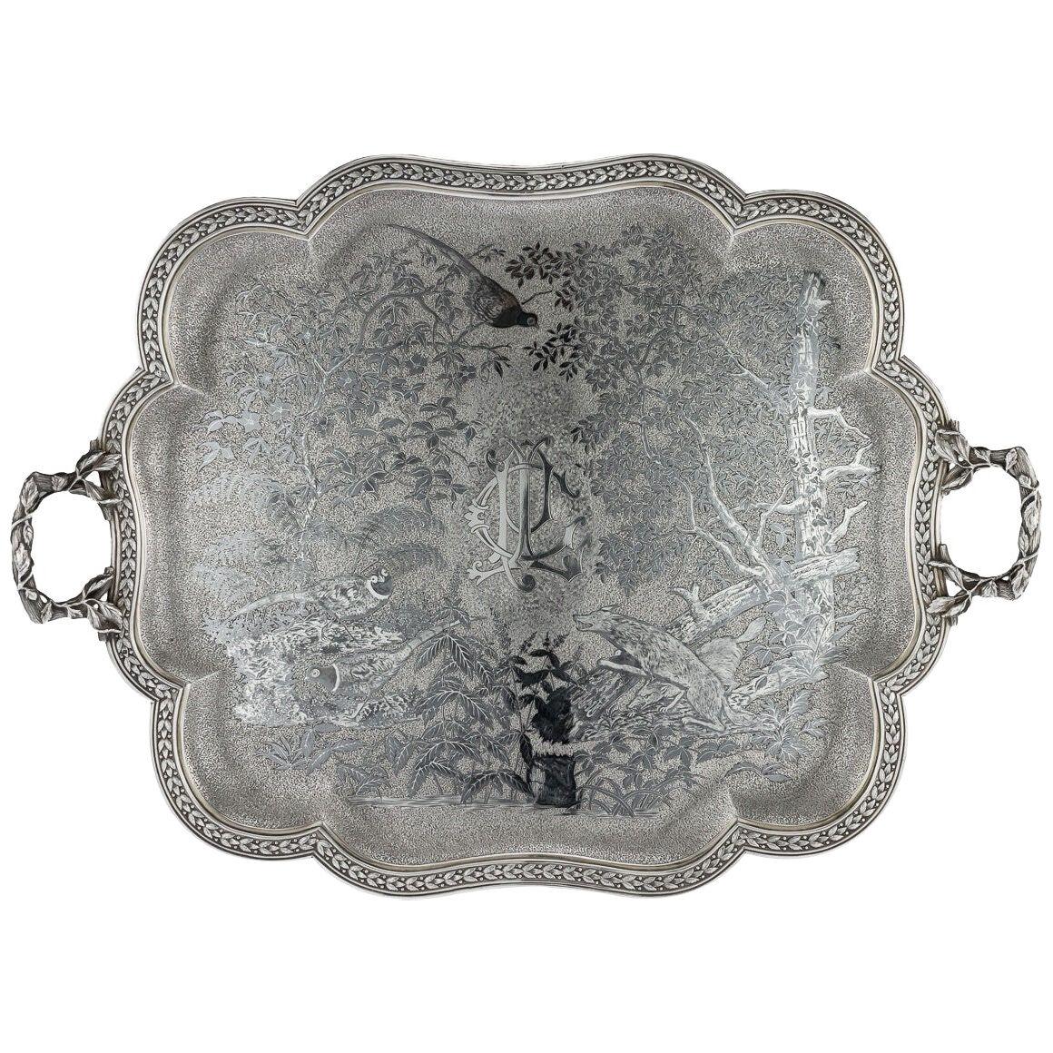 19thC French Solid Silver & Niello Serving Tray c.1870
