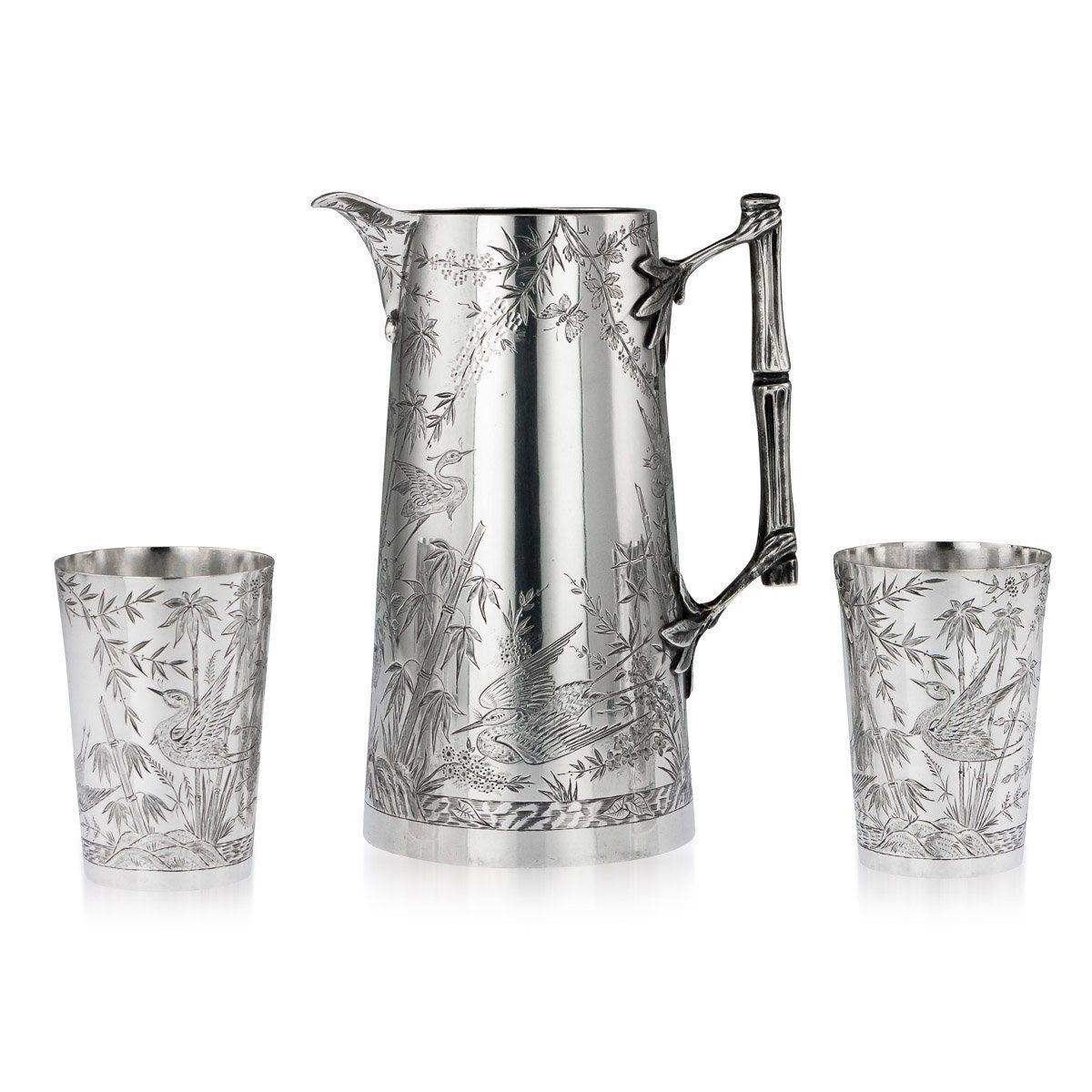 19thC Victorian Aesthetic Movement Solid Silver Jug & Beakers c.1883