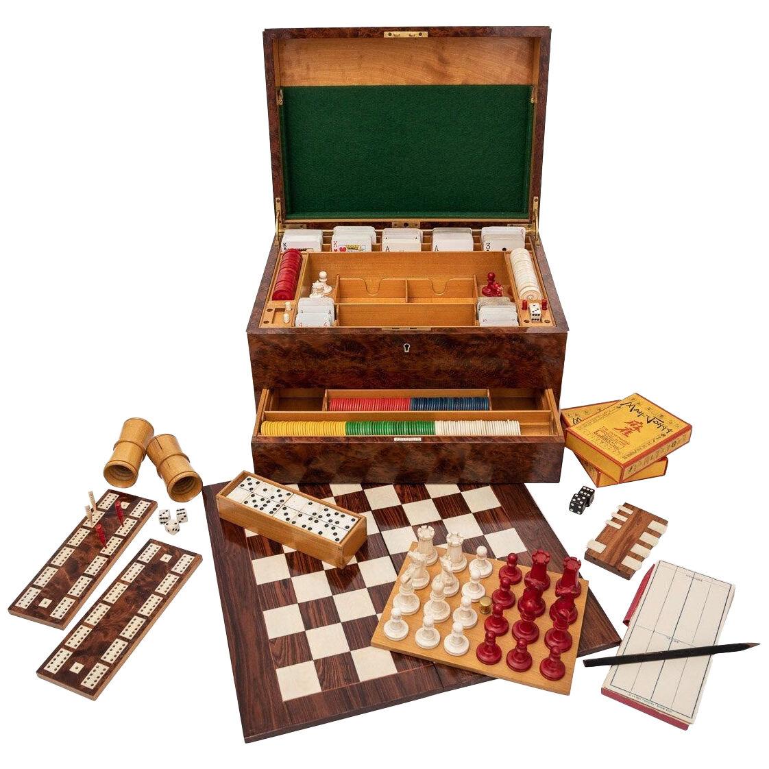 20thC Dunhill Burr Walnut Games Compendium, Cards & Board Games c.1920