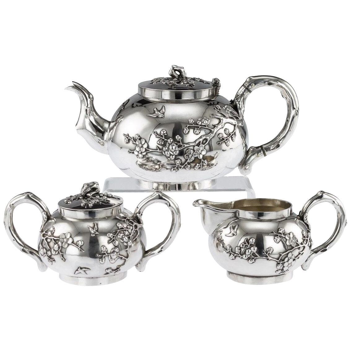 20thC Chinese Solid Silver Cherry Blossom Tea Set, Chong Woo C.1900