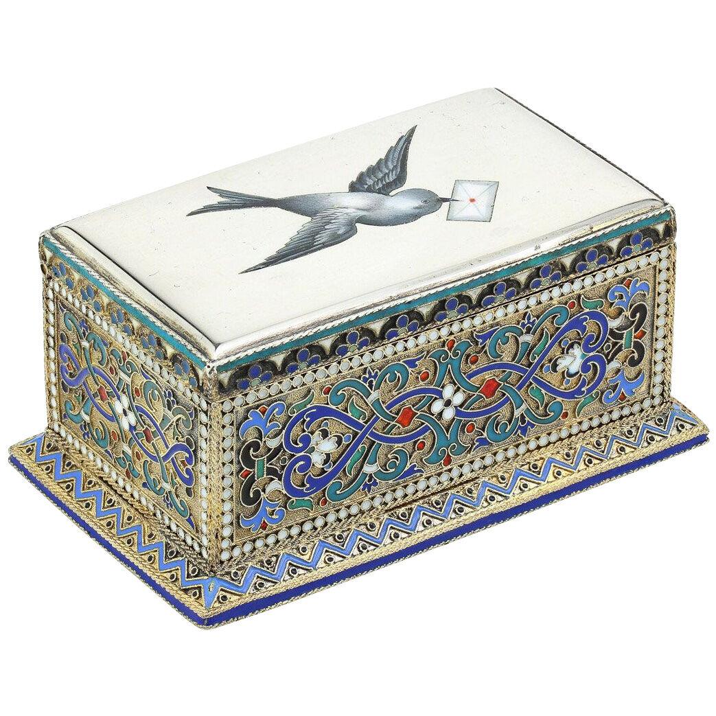 Antique 19th Century Russian Solid Silver & Enamel Stamp Box c.1888