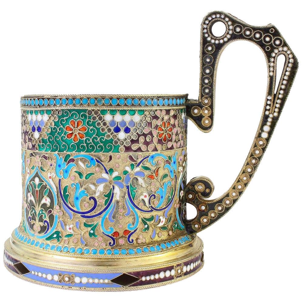 20thC Imperial Russian Solid Silver-Gilt Enamel Tea Glass Holder c.1900