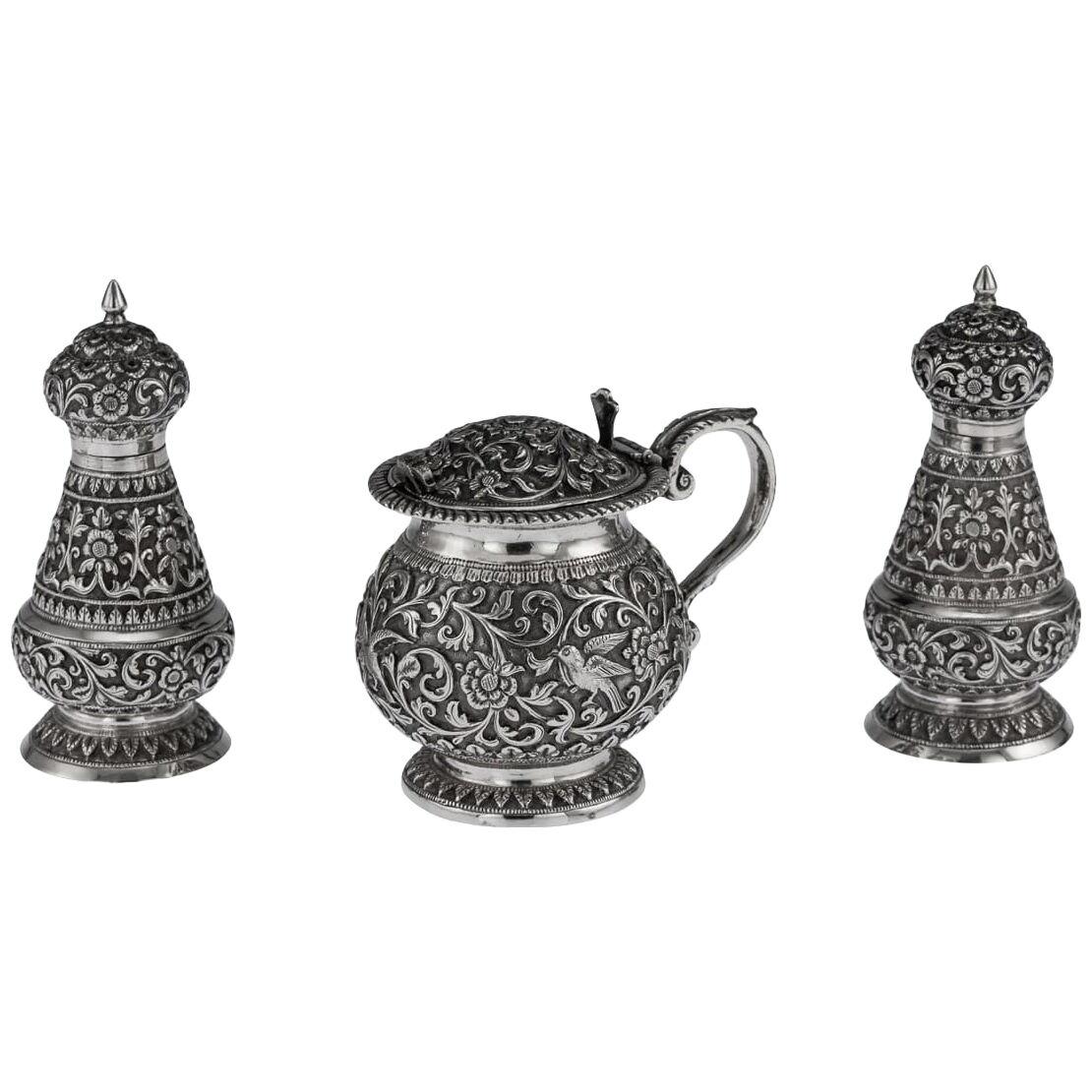 19thC Indian Cutch Solid Silver Condiment Set, Oomersi Mawji c.1890