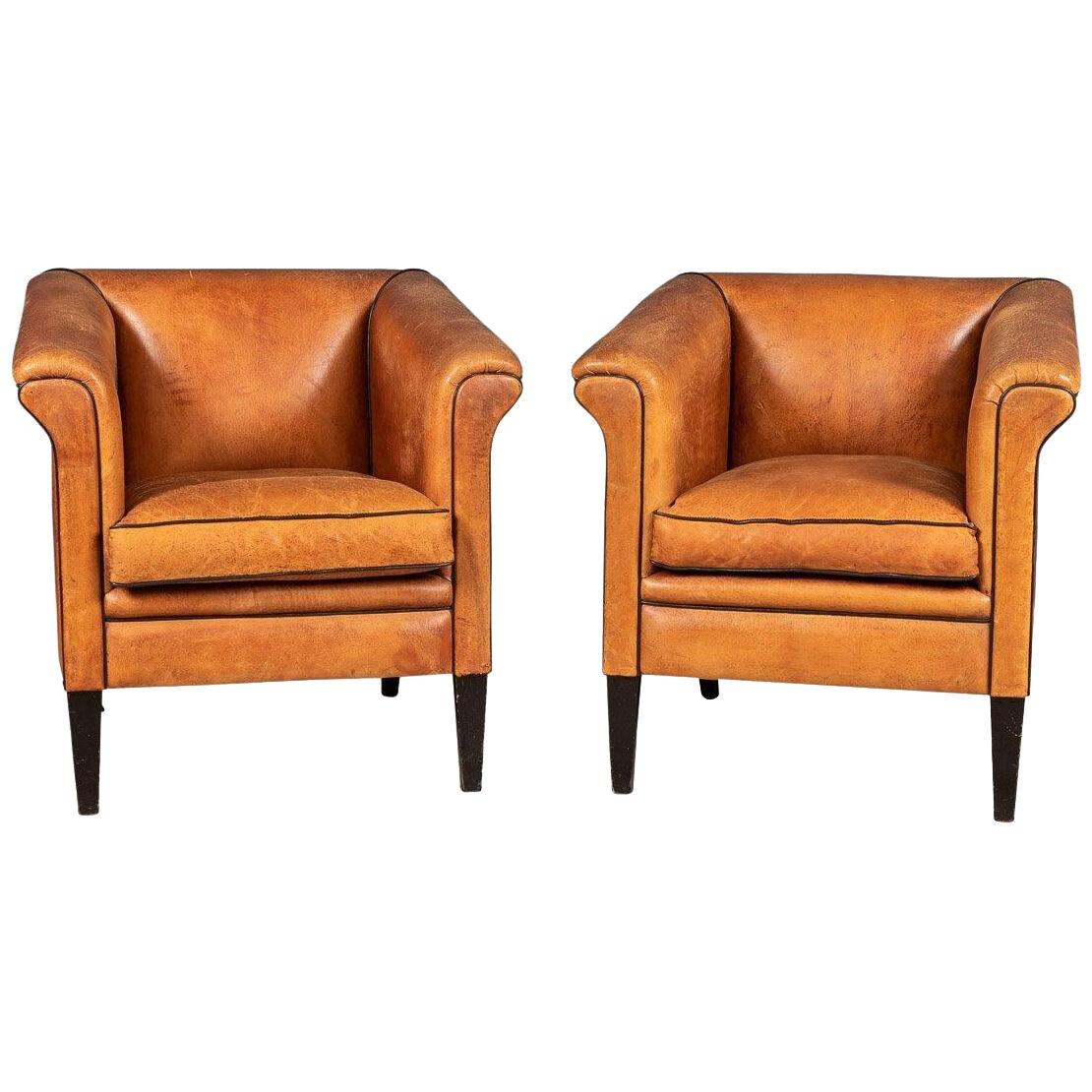 Late 20th Century Pair Of Art Deco Style Dutch Sheepskin Leather Club Chairs