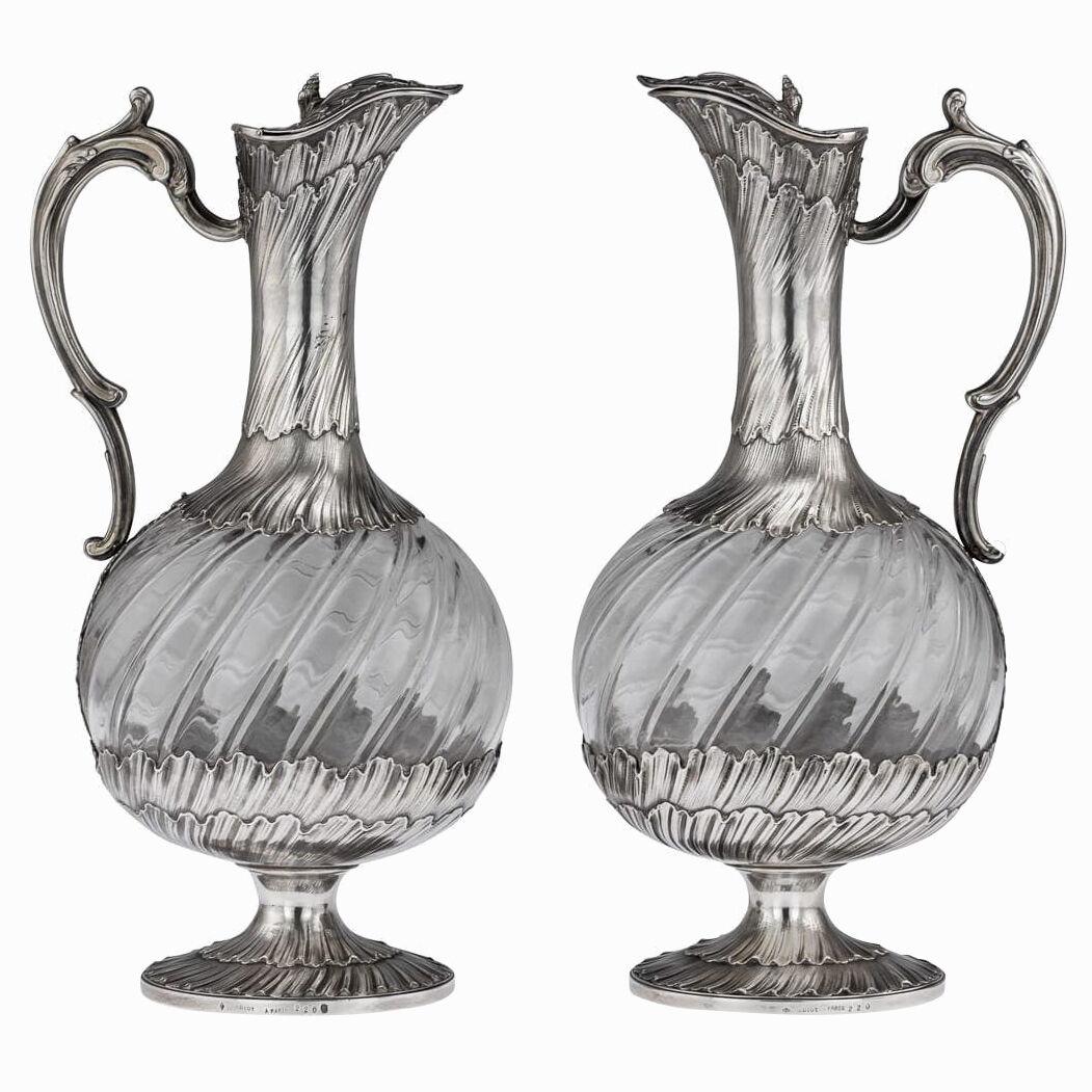19thC French Solid Silver & Glass Pair Of Claret Jugs, Odiot c.1890