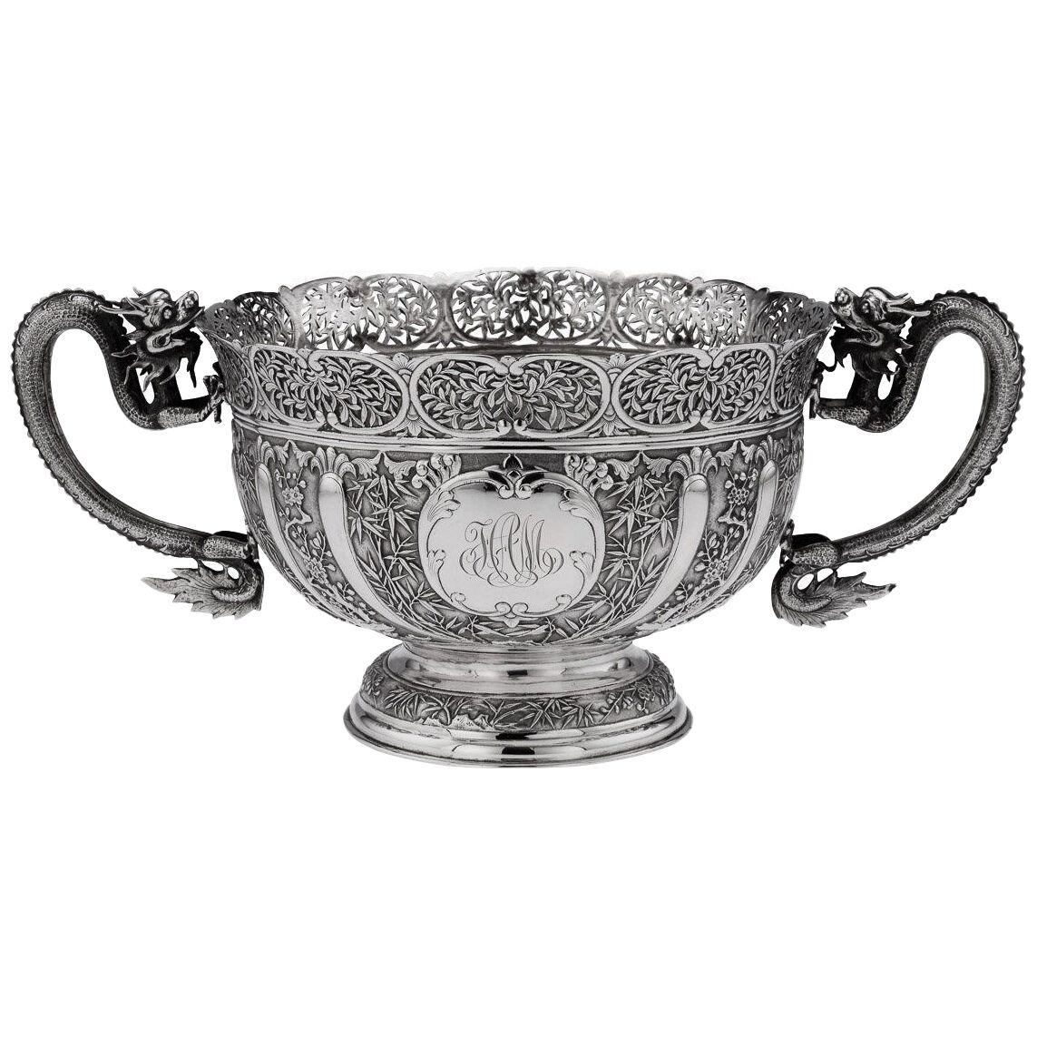 19th Century Chinese Export Solid Silver Dragon Bowl, Luen Wo, c.1890