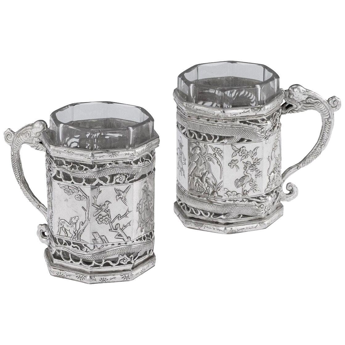 19thC Chinese Export Solid Silver Tea Glass Holders, Shanghai c.1880