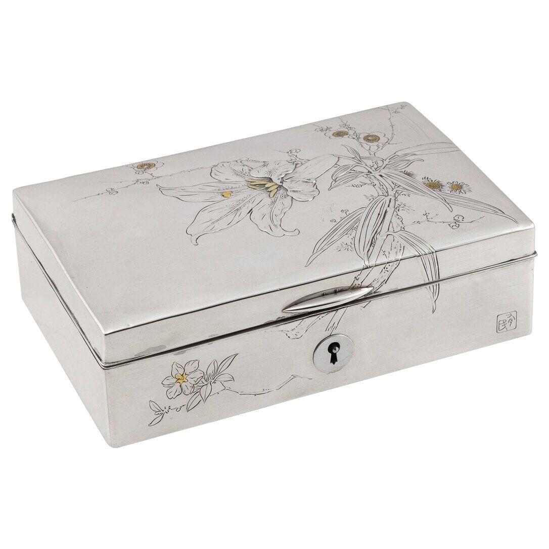 20thC Japanese Meiji Solid Silver & Gold Inlayed Jewellery Box c.1900