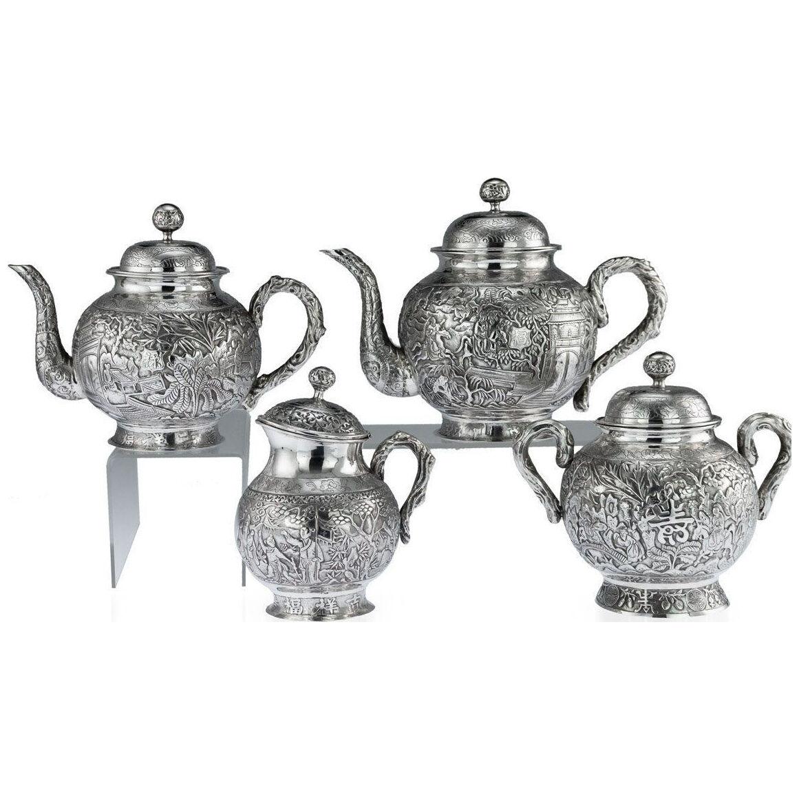 19thC Chinese Exceptional Solid Silver Tea Service, Hong Kong c.1890
