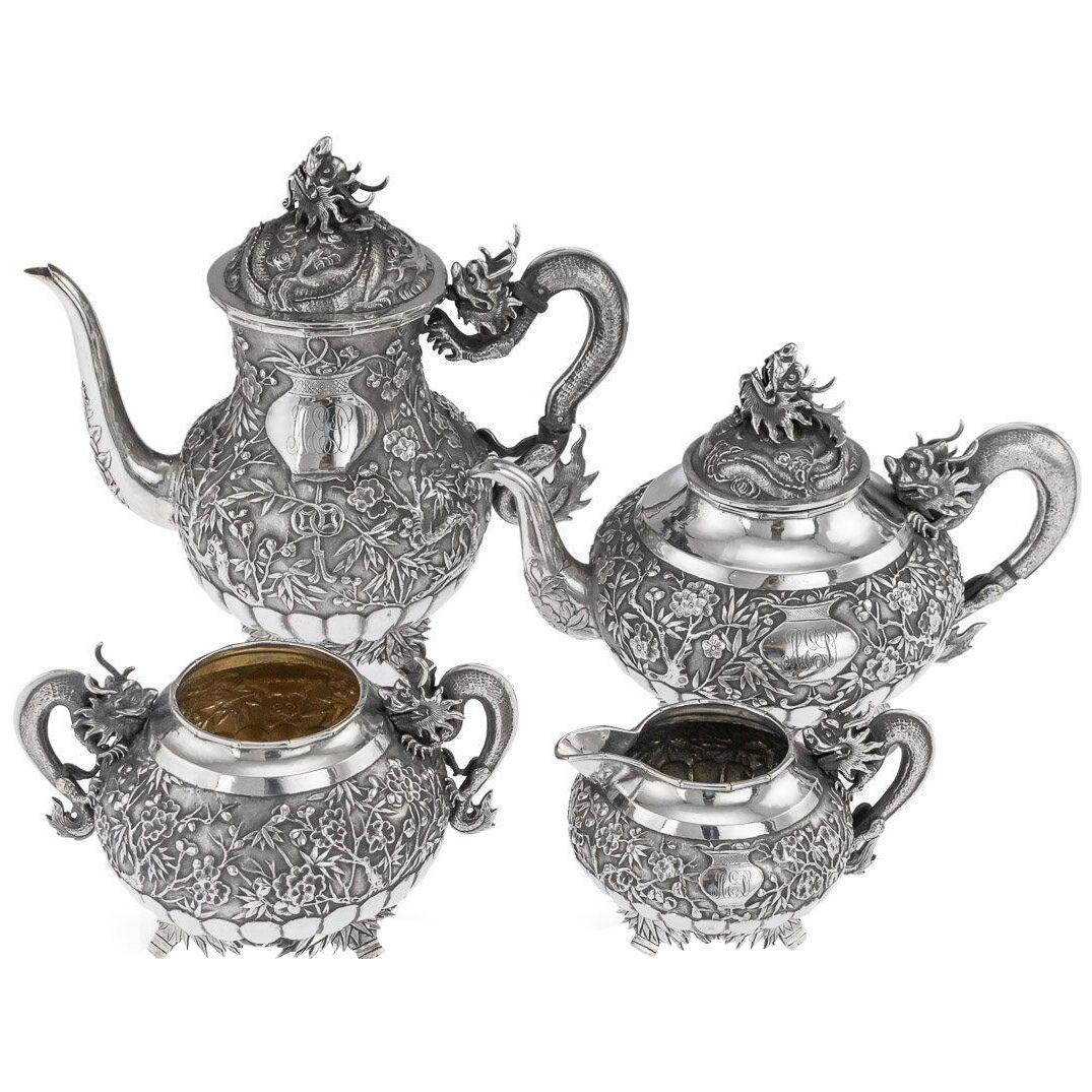 19thC Chinese Export Solid Silver Tea Set, Woshing, Shanghai c.1890