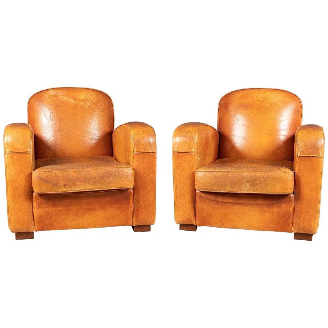 Late 20th Century Pair Of Art Deco Style French Leather Club Chairs