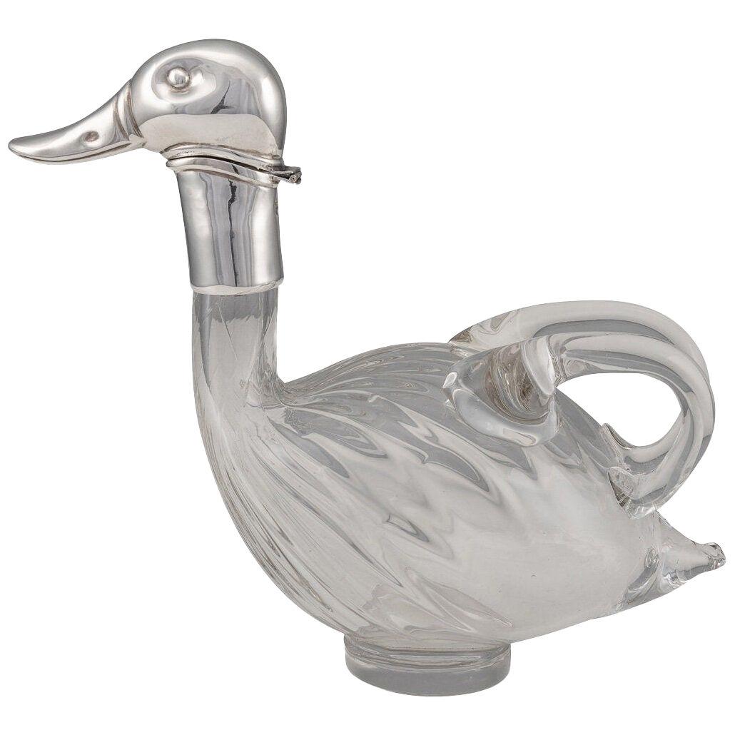 20thC Silver Plated & Glass Duck Shaped Claret Jug c.1960