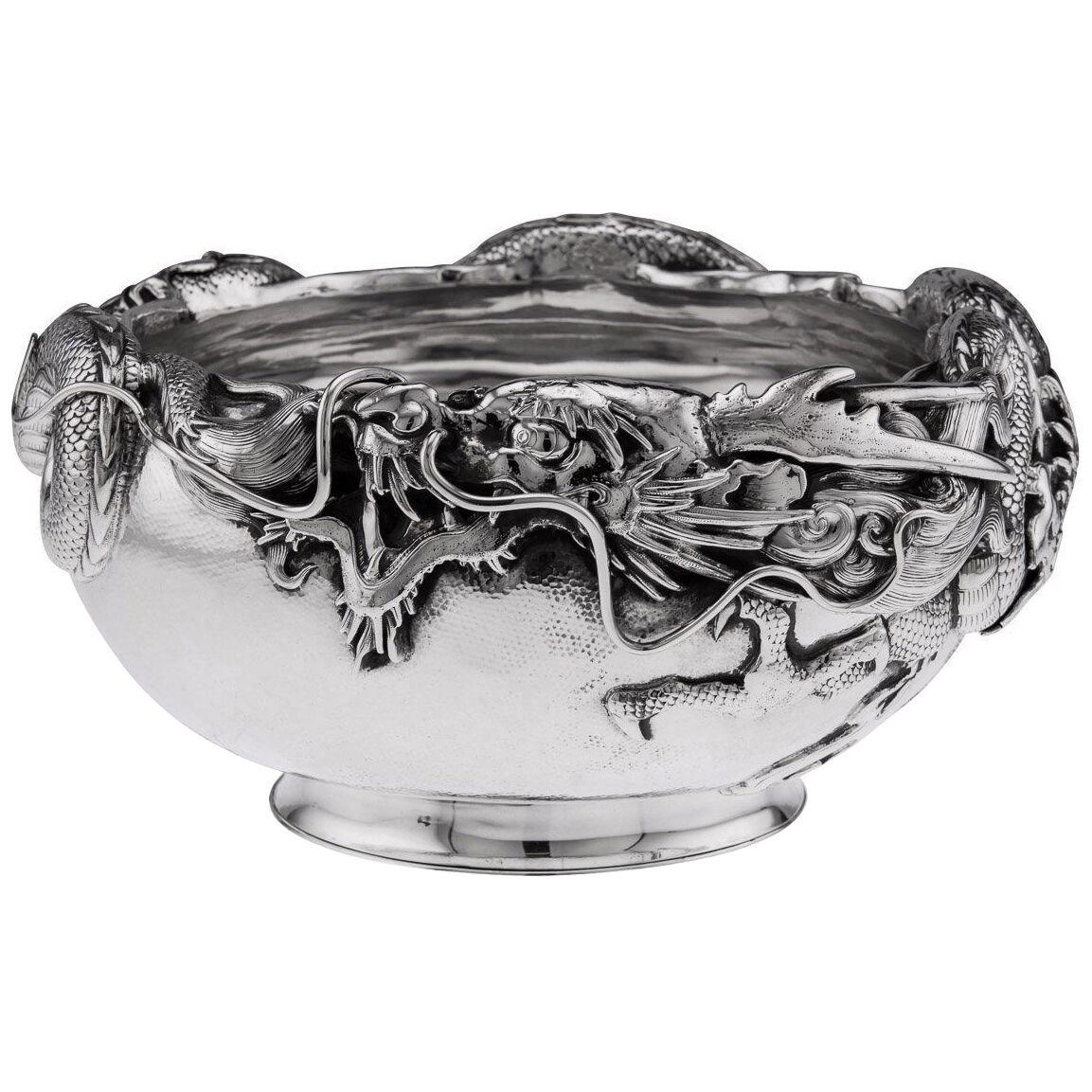 19th Century Japanese Meiji Period Solid Silver Massive Dragon Bowl, c.1890