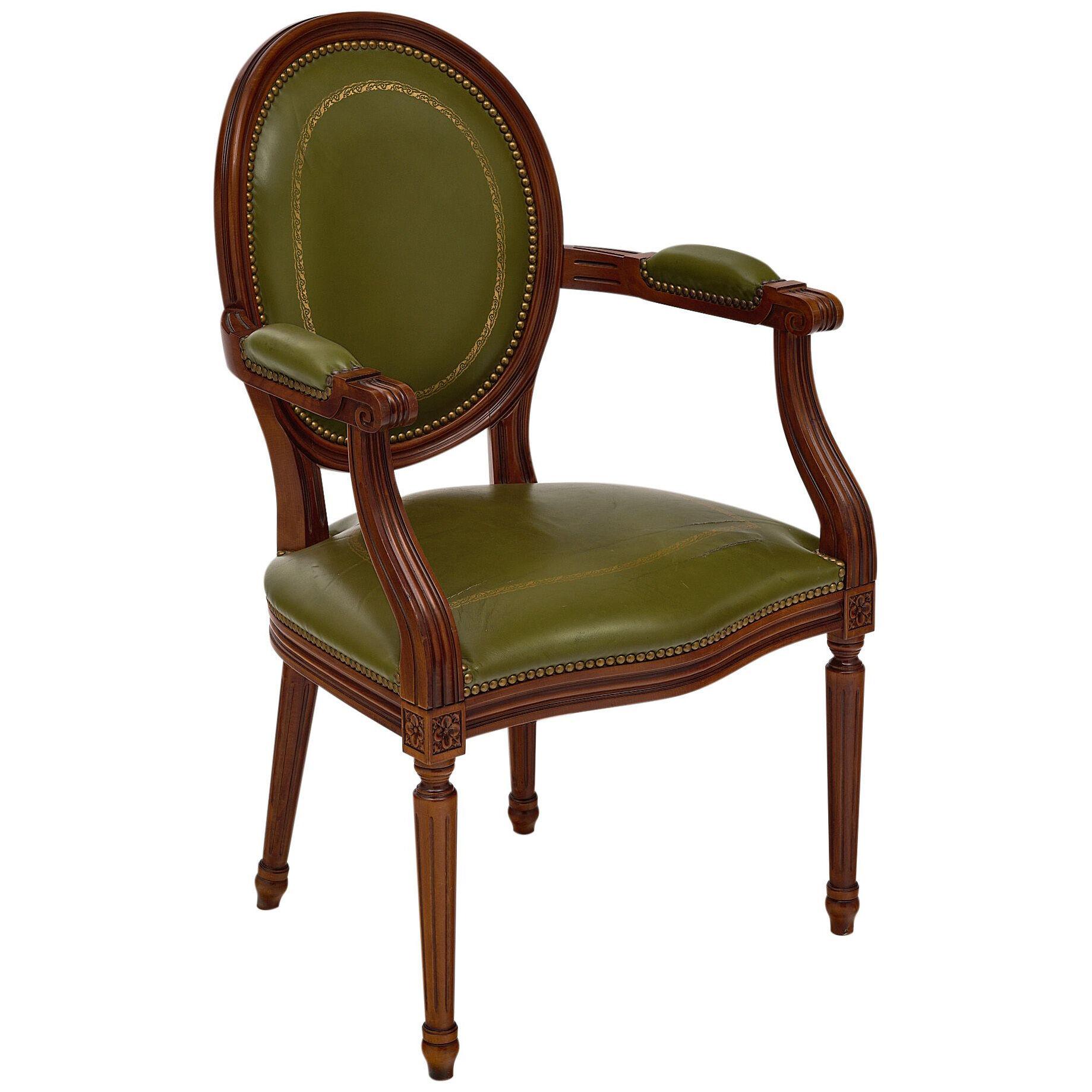 Green Leather French Antique Armchair