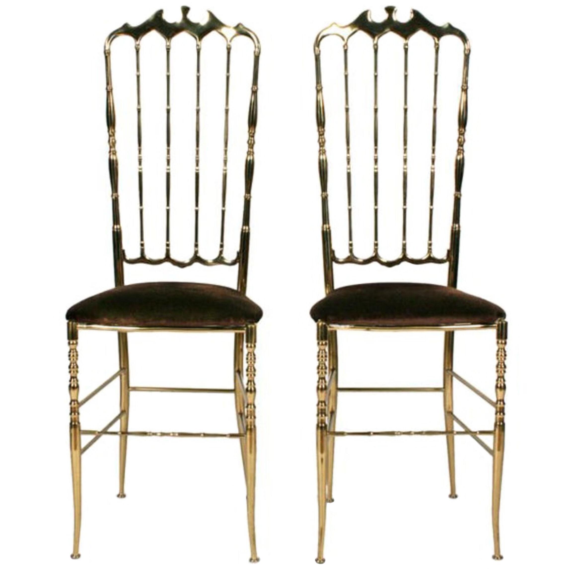 Pair of Brass High Back Side Chairs by Chiavari