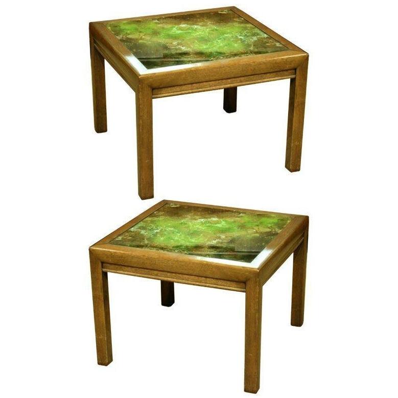 Pair of Atmospheric Reverse Painted Glass Tables by Henredon