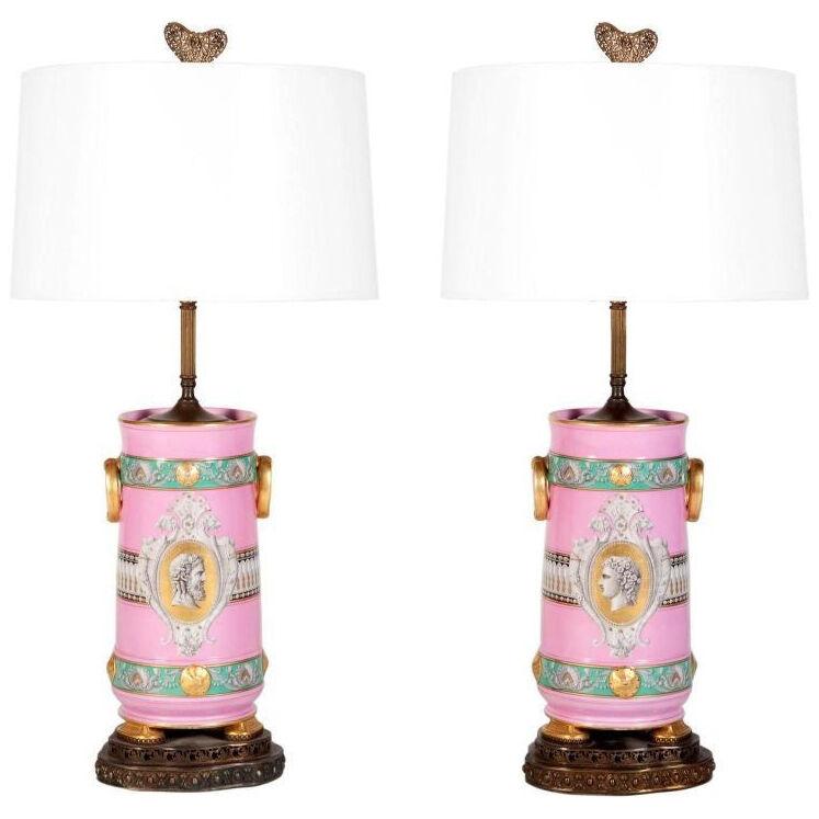Pair of Pink Neoclassical Urn Table Lamps by Old Paris