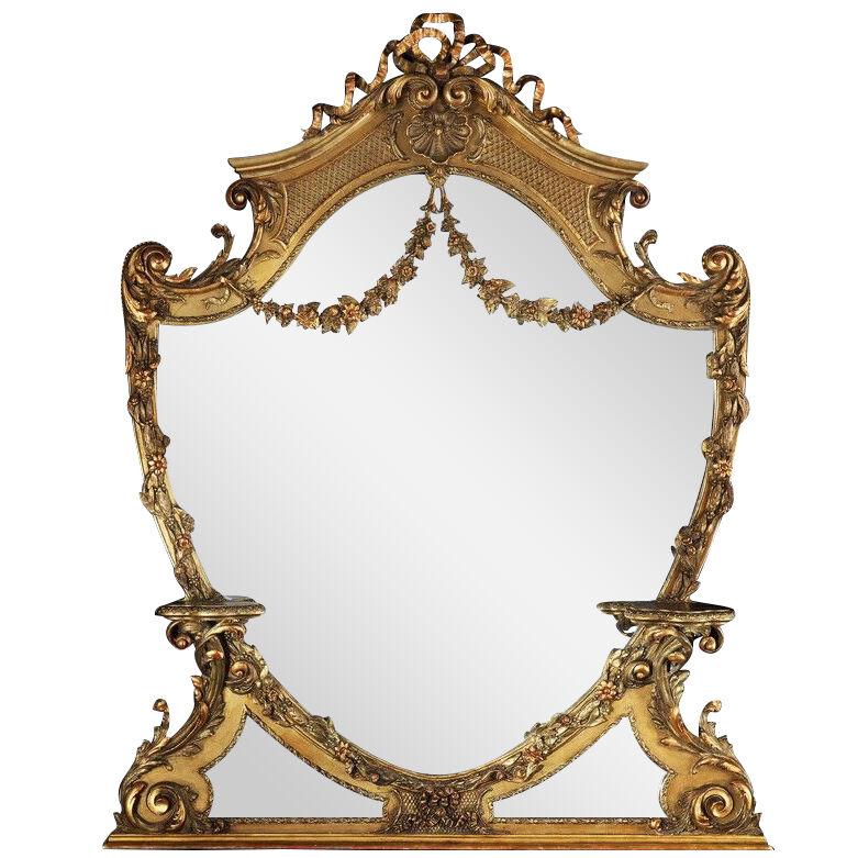 C19th Victorian Giltwood and Gesso Overmantel Mirror of Cartouche Shaped Form