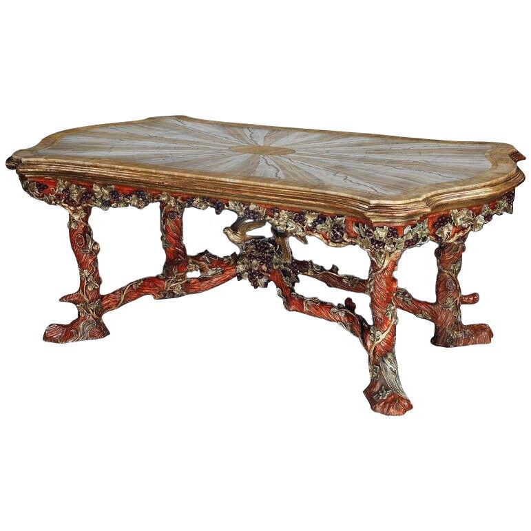 Italian Carved Wood Polychrome Centre Table With Onyx Top By Amulet Bertoni