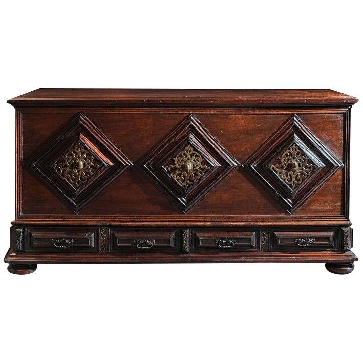 Imposing 17th Century Portuguese Colonial Mahogany and Brass Chest