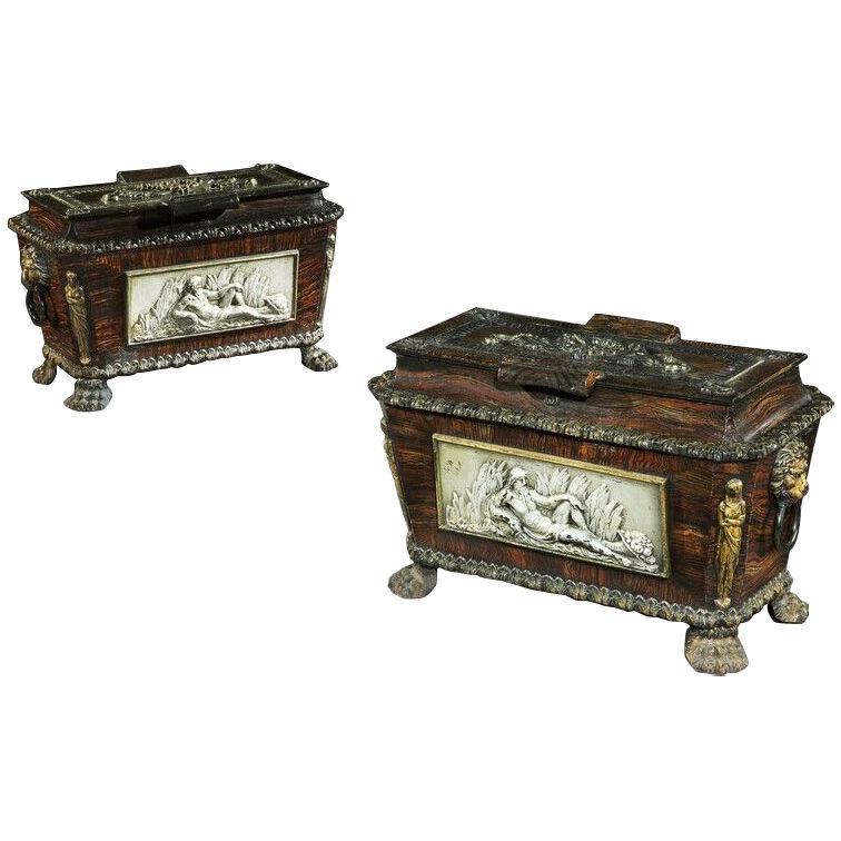 Extremely Rare Pair of Regency Cast-iron Sarcophagus Shaped Strong Boxes