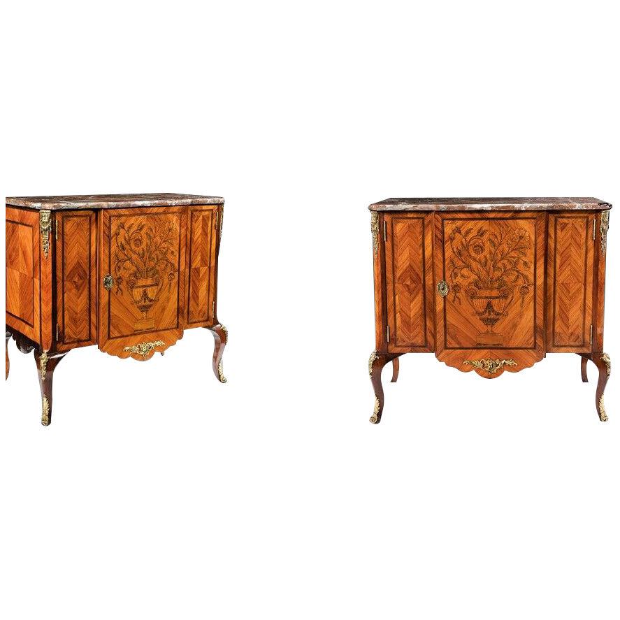 Pair of C19th Gilt Bronze Mounted Tulipwood, Marquetry Marble Topped Commodes