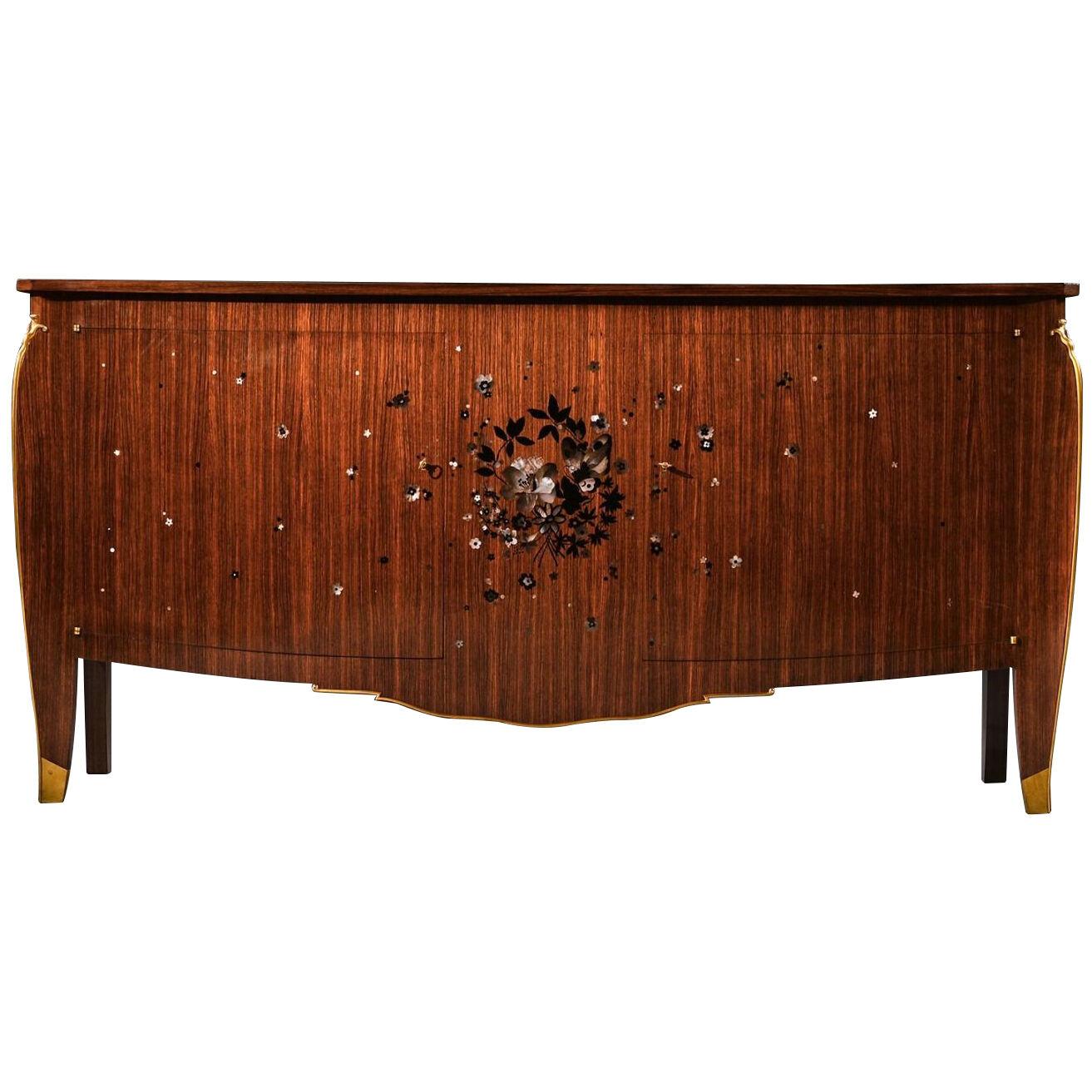 RARE JULES LELEU ART DECO PALISANDER AND MARQUETRY MOTHER OF PEARL SIDEBOARD