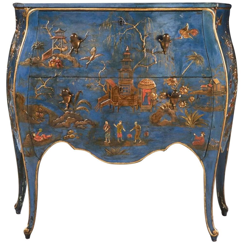 Rare 19th Century Pale Blue Japanned Bombe Chinoiserie Commode.