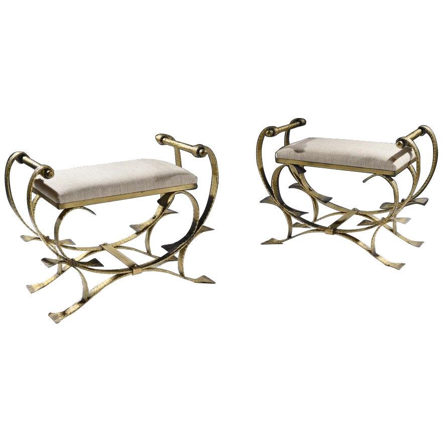 Pair of Mid 20th Century Spanish Gilt Metal and Linen Stools