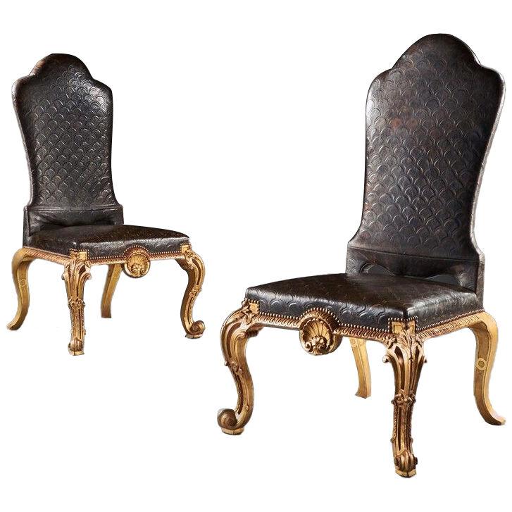 Pair of George I Style Late 19th Century Giltwood and Leather Side Chairs