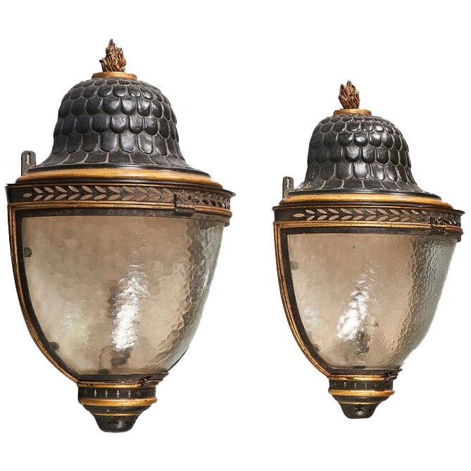 Pair of Large 19th Century French Tole Peinte and Parcel Gilt Wall Lanterns