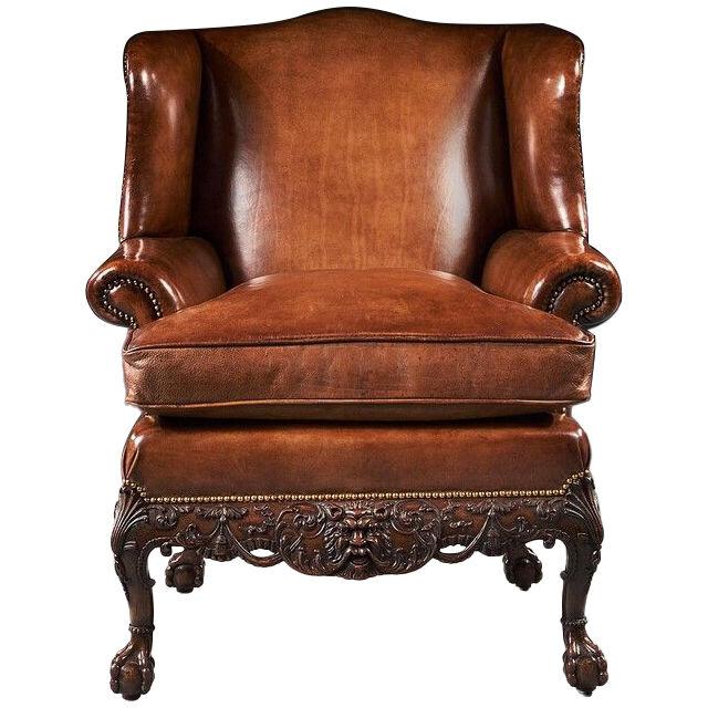 19th Century Mahogany Leather Upholstered Wingback Armchair in George II Manner