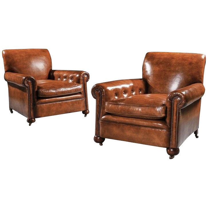 Large Pair Of Antique Leather Upholstered Club Armchairs