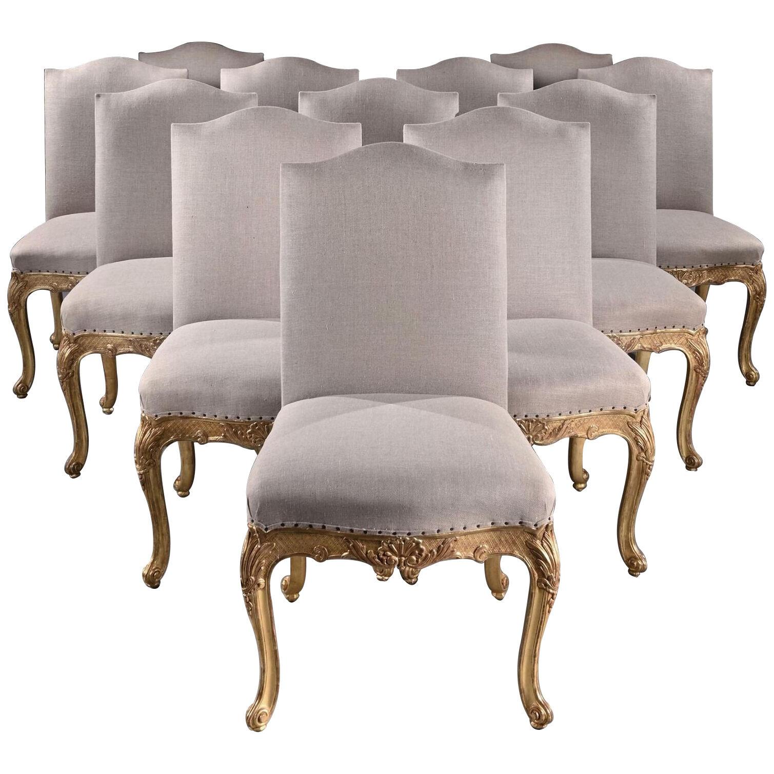 Set of 12 French Louis Xv Style Giltwood Dining Chairs
