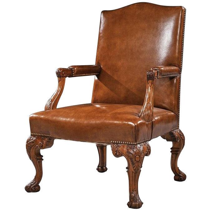 Early 20th Century Walnut Carved Leather Upholstery Armchair