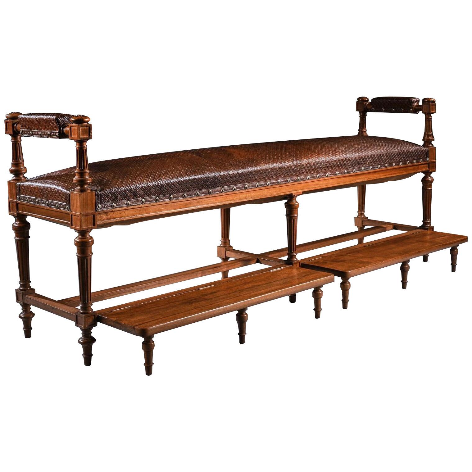 Large 19th Century French Walnut & Embossed Leather Snooker Bench