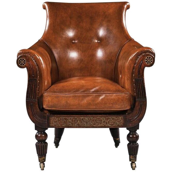 Regency Rosewood And Brass Library Bergere Armchair In The Manner Of Gillows