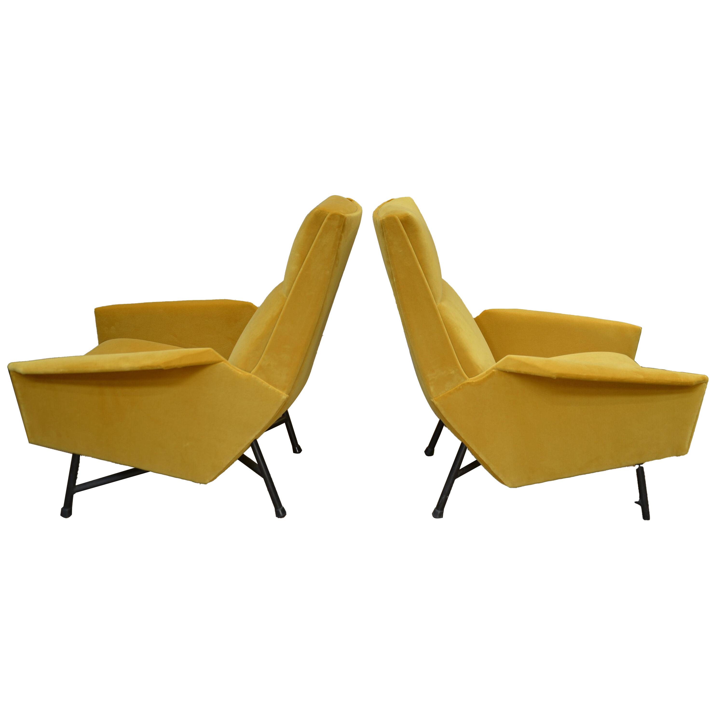  set of 2 armchairs from 1950 by Claude Vassal with Orange yellow  velvet.