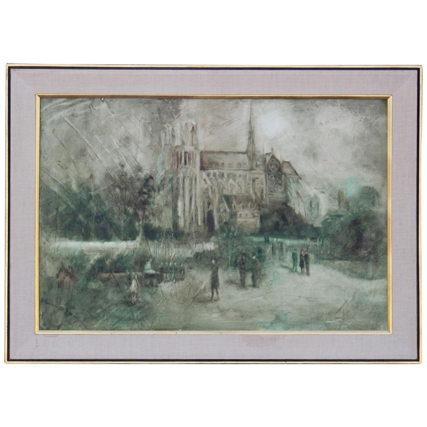 Impressionist Acrylic Painting of Notre Dame Cathedral 1960s