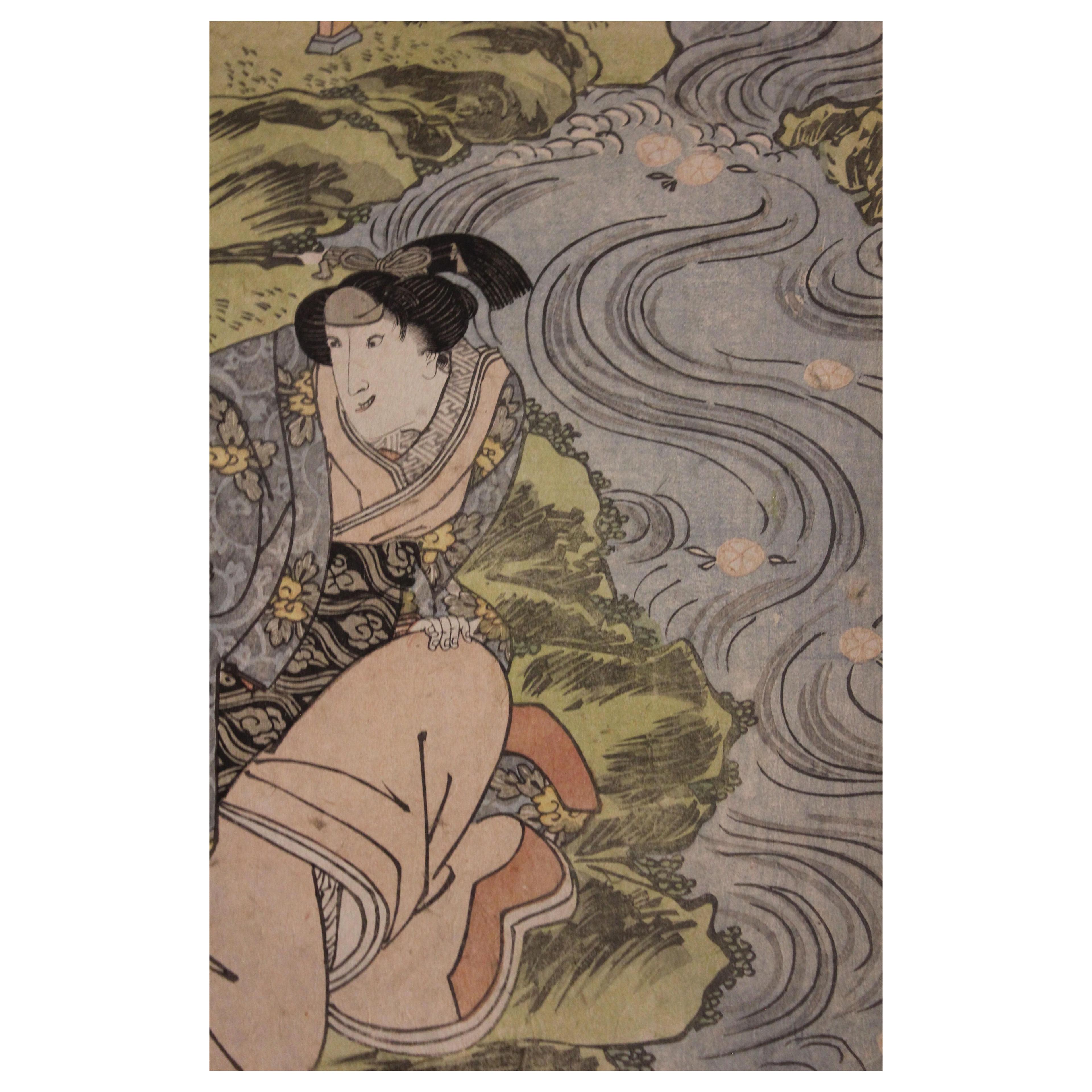 Mid 19th C. Traditional Bijin-ga Woman Kneeling by River Japanese Woodcut Print