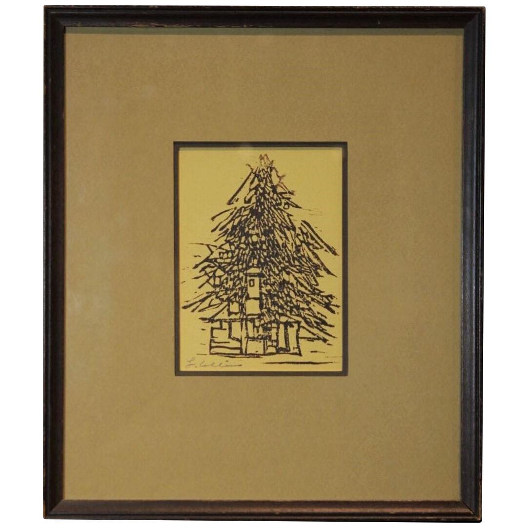 "Christmas Tree" Landscape Woodblock Print Mid Century