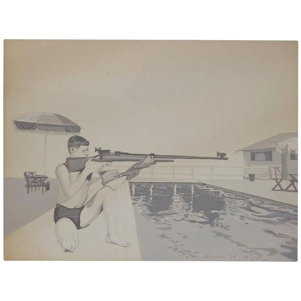 1980s "Shooting Over the Pool" Surrealist Naturalistic Painting