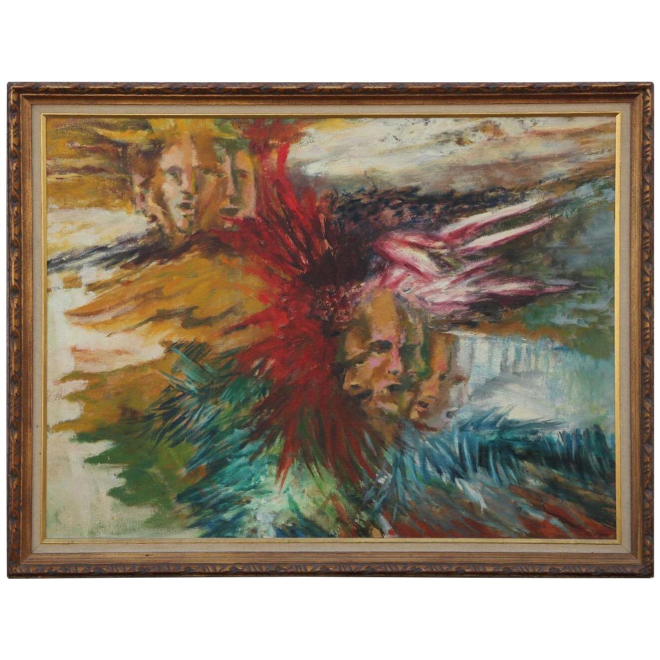 Mid Century Surrealist Abstract Expressionist Painting With Faces