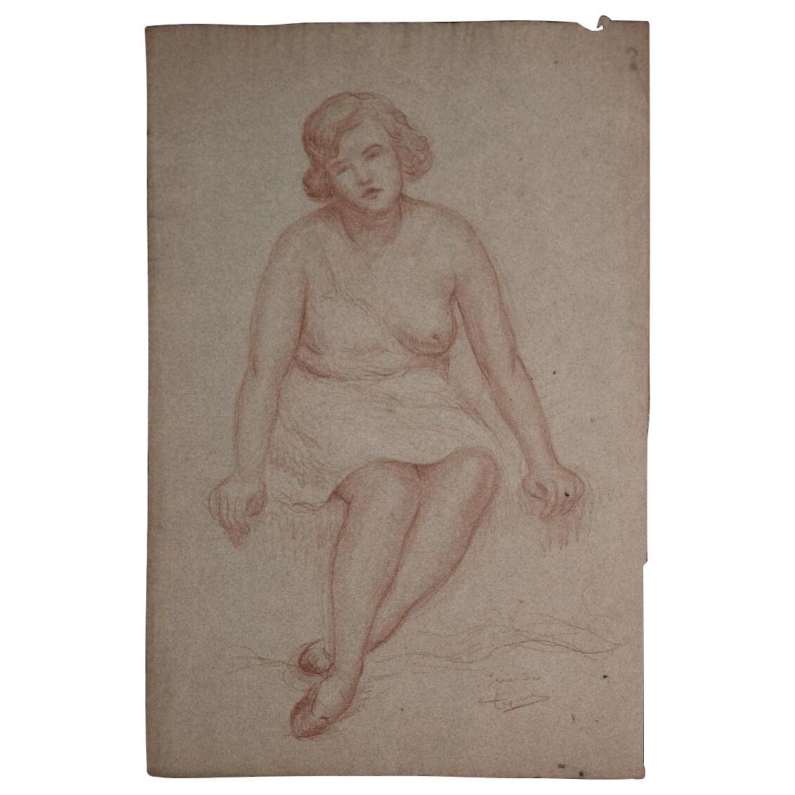 Emile Lejeune Graphite Sketch Portrait Study of a Seated Woman 1950