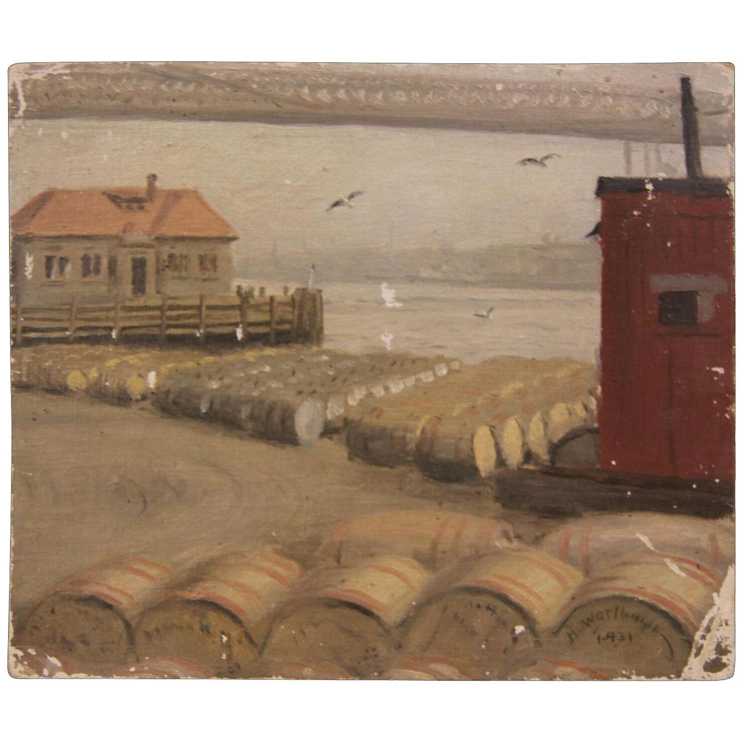Harry Worthman "Barrels" Naturalistic Early Seascape Painting 1931