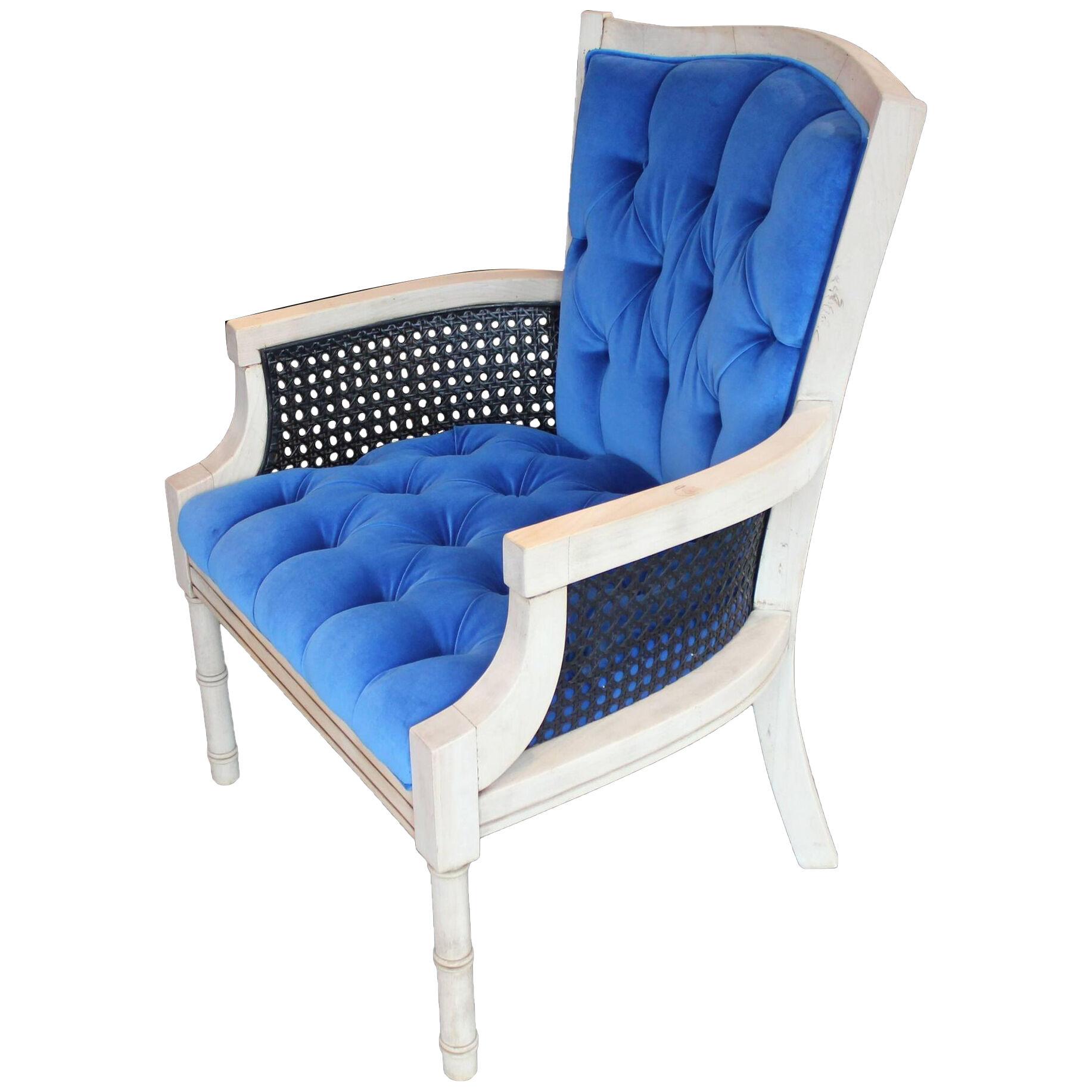 Modern French Tufted Blue Velvet Bleached Lounge Chair with Cane Sides