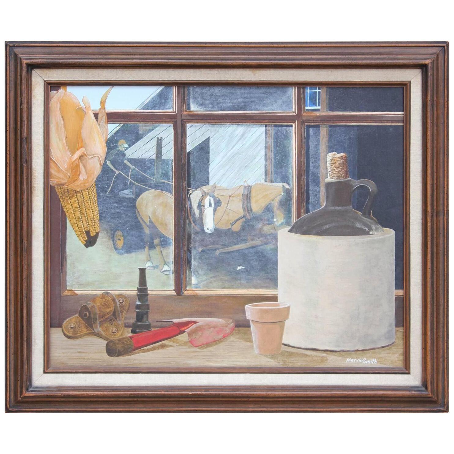 Marvin Smith Still Life Painting of a Country Window Cill and Horses 1960's